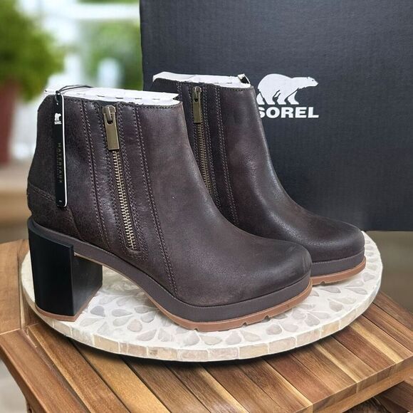 Sorel BLAKE WATERPROOF Blackened Brown Leather Block Heel Ankle Boots Women’s 8. - Picture 1 of 13